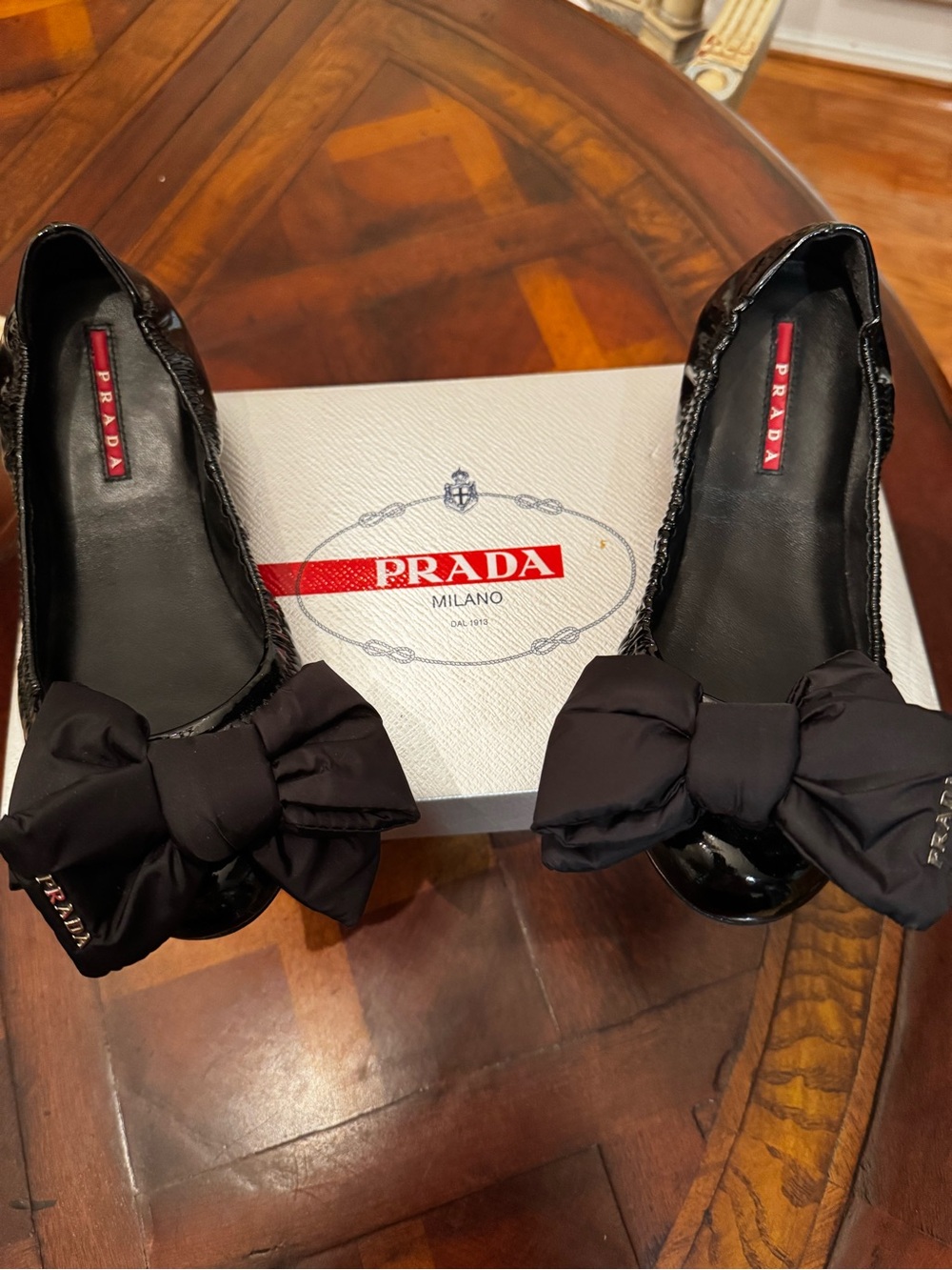 Prada Black Patent Leather Bow Flats